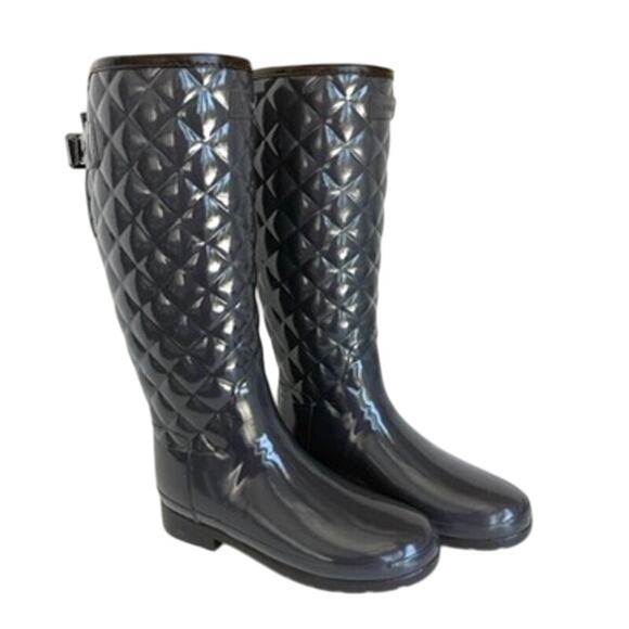 Hunter Gloss Quilted Tall Rain Boots Charcoal Rubber Waterproof 7 Women EUC - Picture 1 of 15